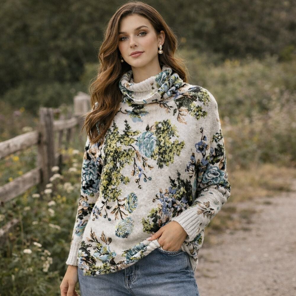 J. Jill Tunic Sweater Women's Size M Beige Floral Cowl Neck Chunky Cottage Boho
